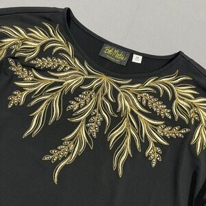Bob Mackie Top Blouse Gold Embroidered Rhinestone Leaf 3/4 Sleeve Black Women XS